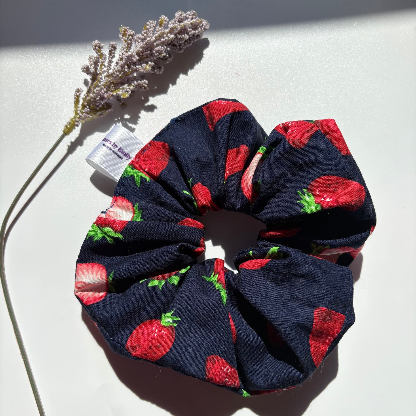 Cool navy blue and red strawberry large hair scrunchie