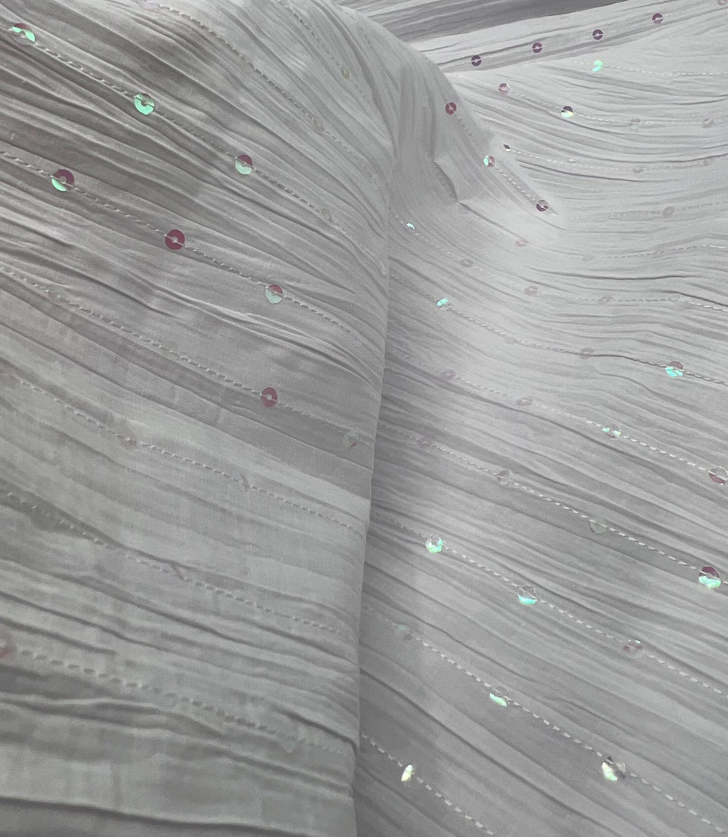White Sequin Crinkled Lightweight Non Stretch Fabric