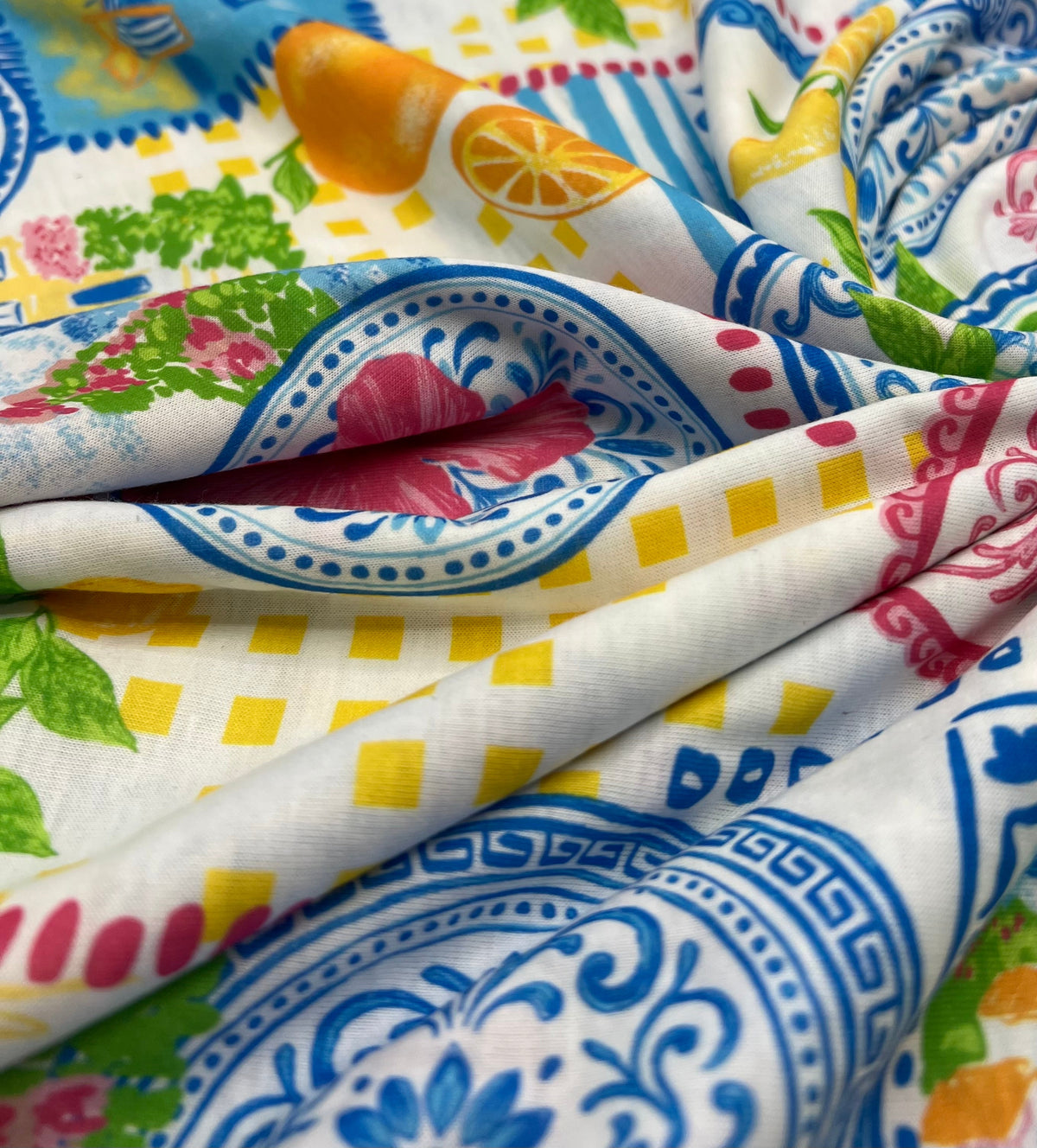 Mediterranean Amalfi Coast Print Spun Poly Stretch Fabric