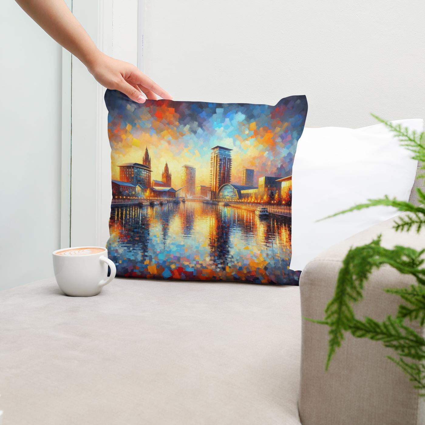 Manchester Salford Quays Sunset Cotton Cushion