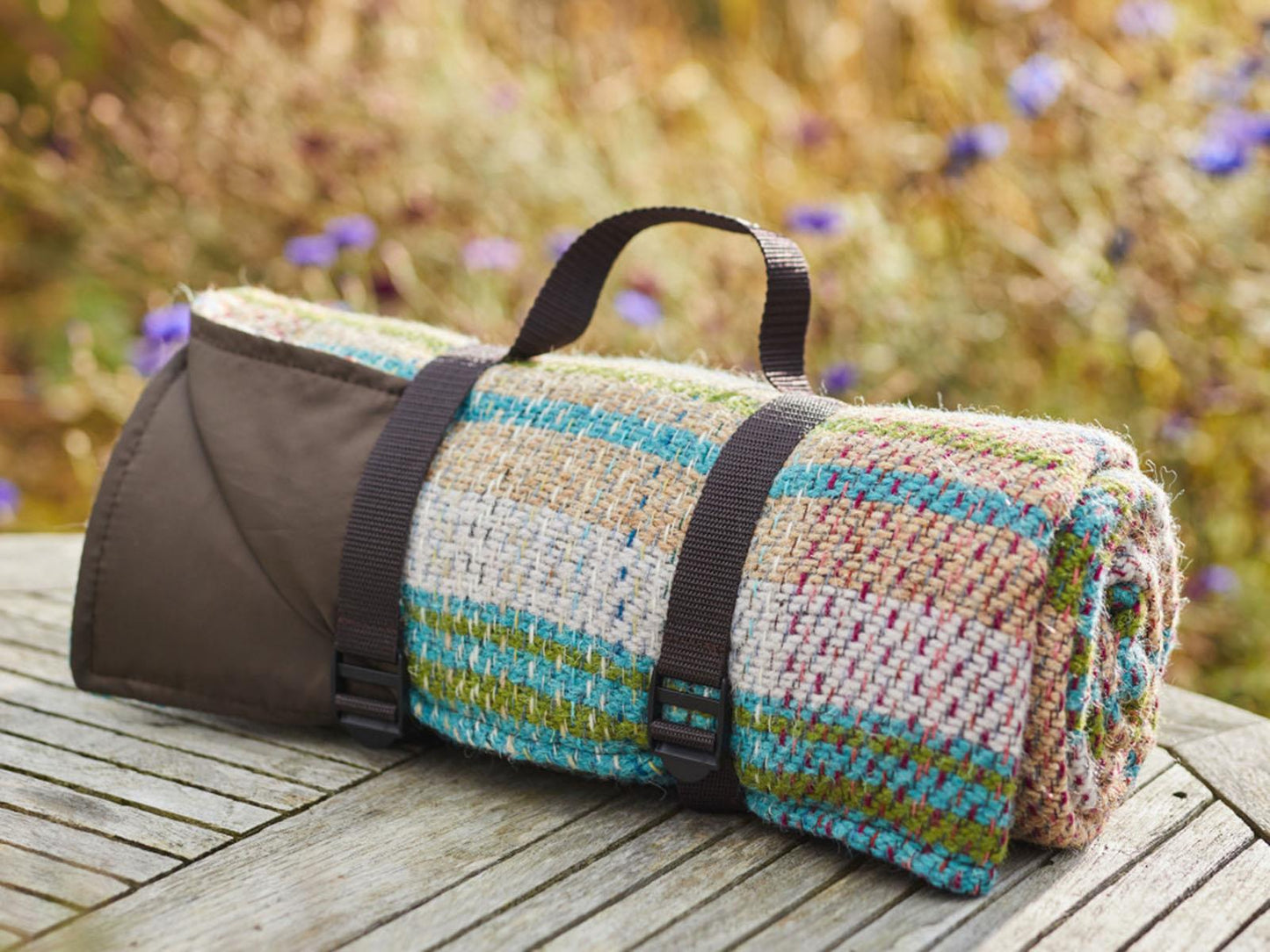 Waterproof Picnic Rug Roll - Random Check Recycled Wool