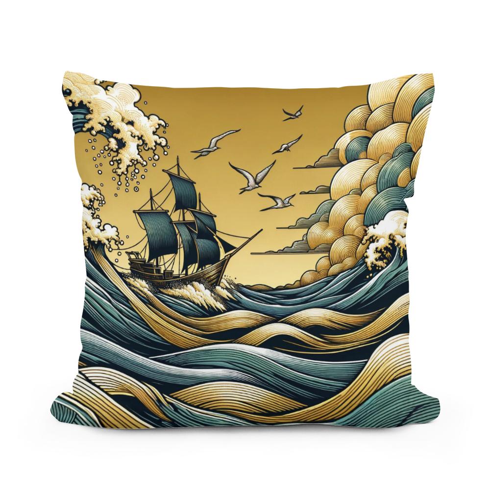Golden Seascape Voyage Cotton Cushion