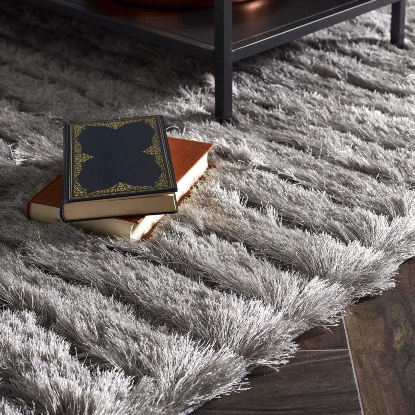 Carved Glamour Silver Grey Shaggy Rug
