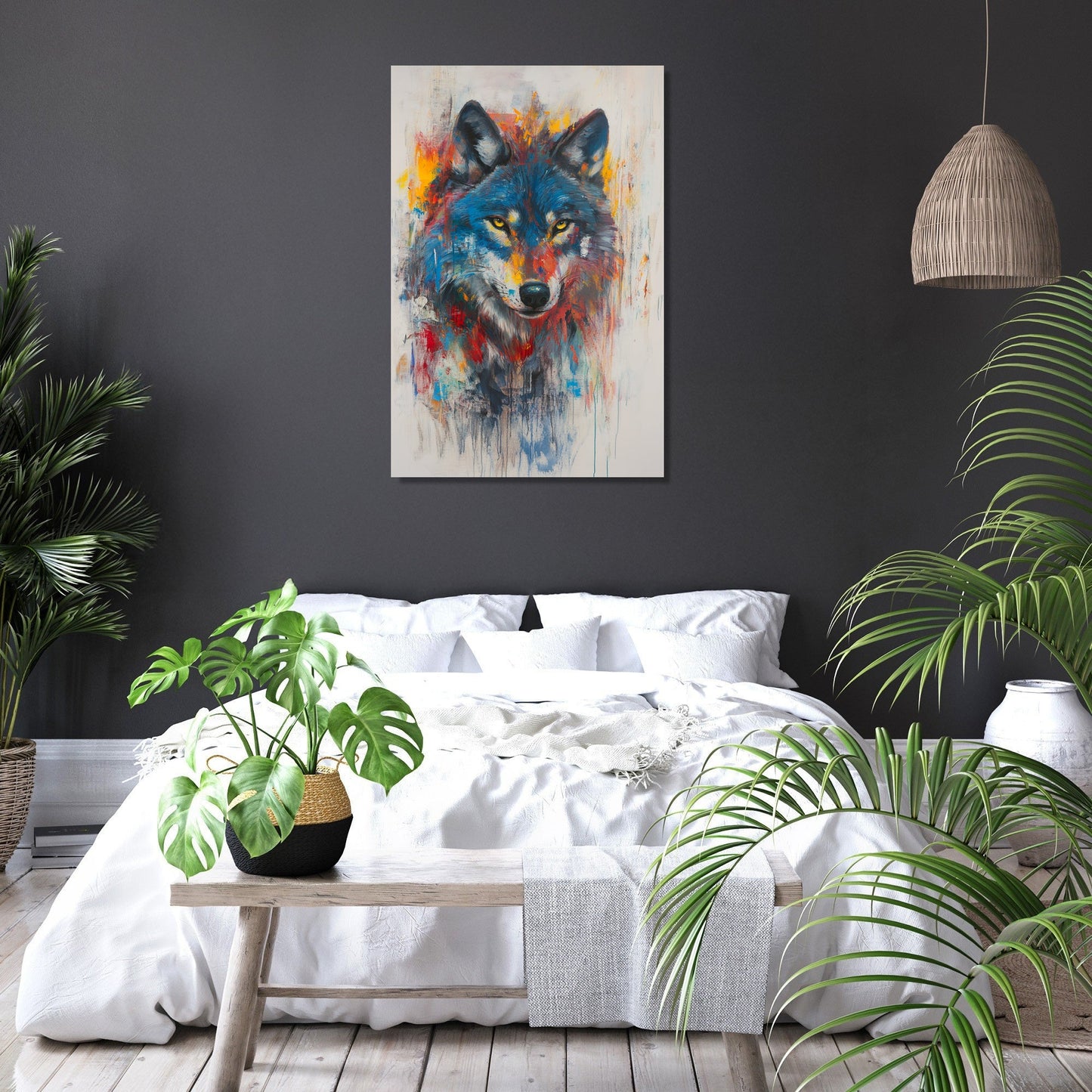 Vibrant Wolf on Grey Canvas