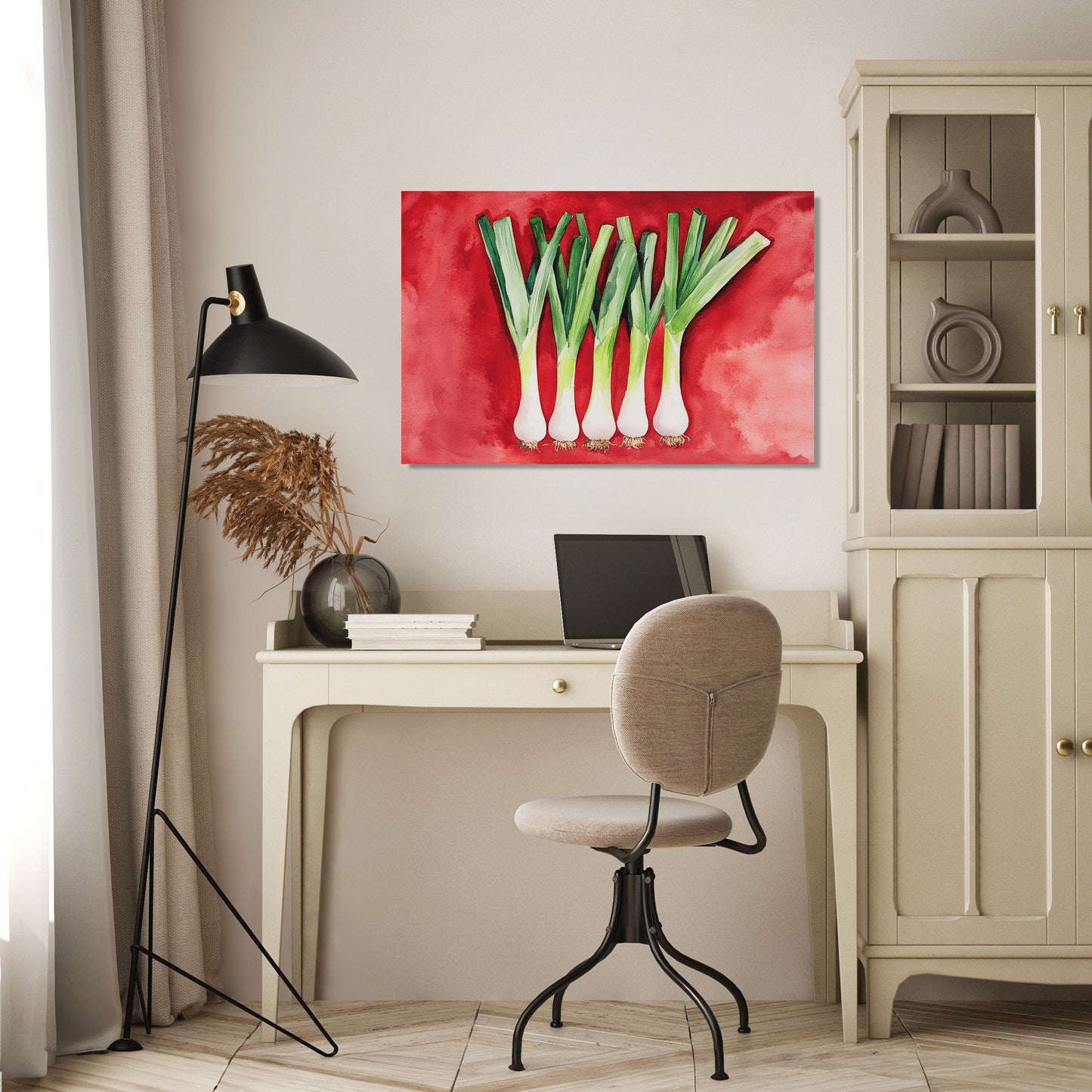 Elegant Leeks on Red Canvas
