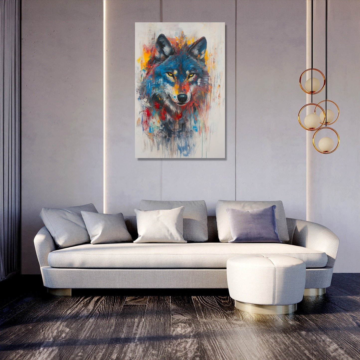 Vibrant Wolf on Grey Canvas