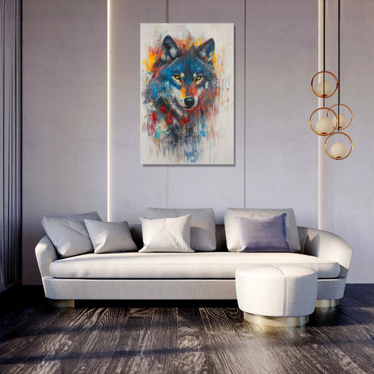 Vibrant Wolf on Grey Canvas