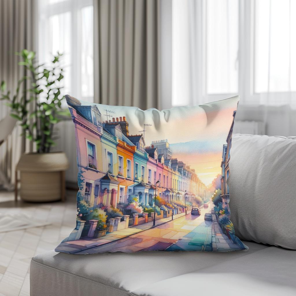 London Notting Hill Morning Watercolor Cotton Cushion