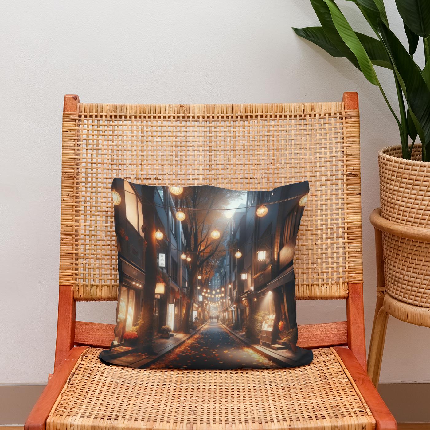Autumn Alley at Night Cotton Cushion