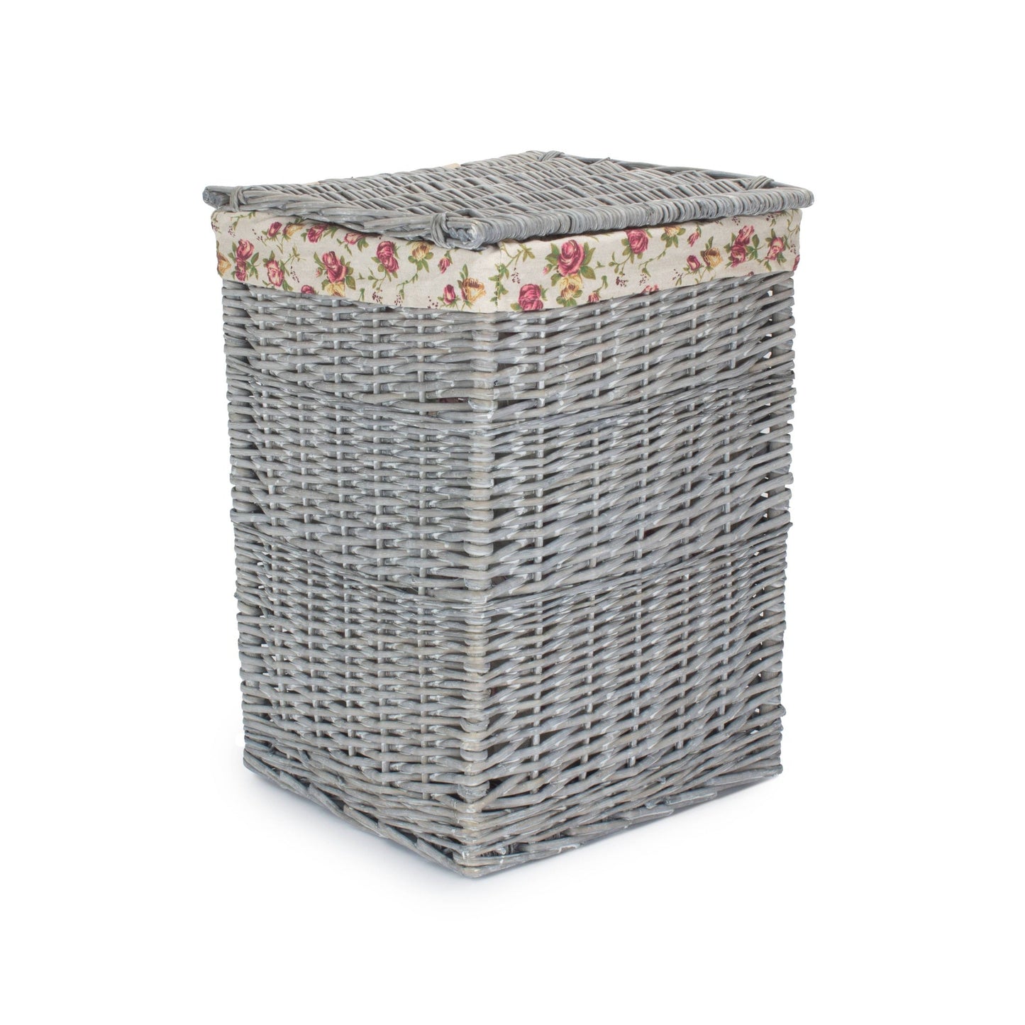 Grey Wash Willow Small Square Laundry Basket with Garden Rose Lining