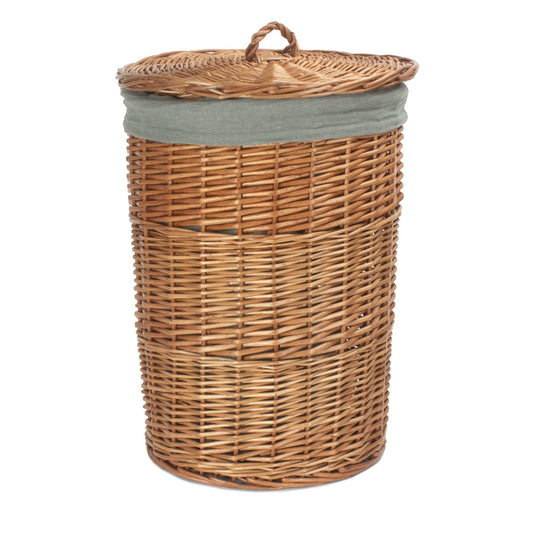 Light Steamed WIllow Round Linen Basket with Grey Sage Lining - Small