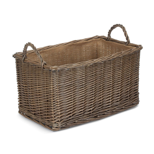 Small Rectangular Antique Wash Hessian Lined Storage Basket