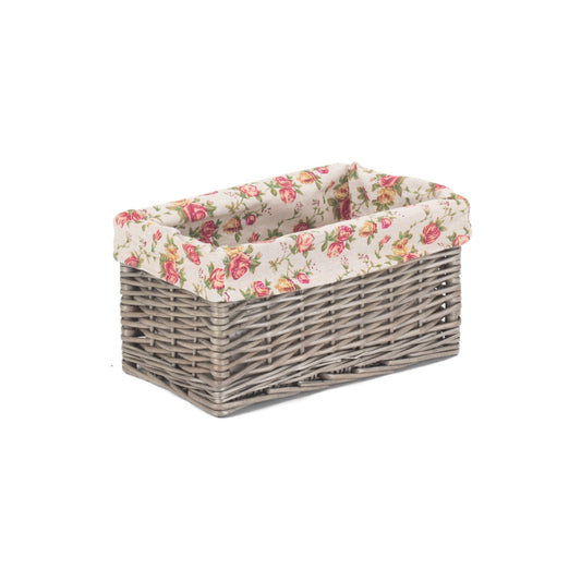 Small Antique Wash Willow Storage Basket with Garden Rose Lining