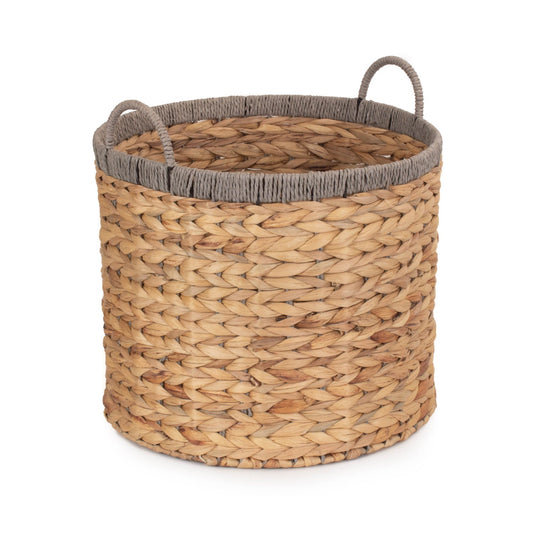 Small Round Water Hyacinth Storage Basket with Grey Rope Border