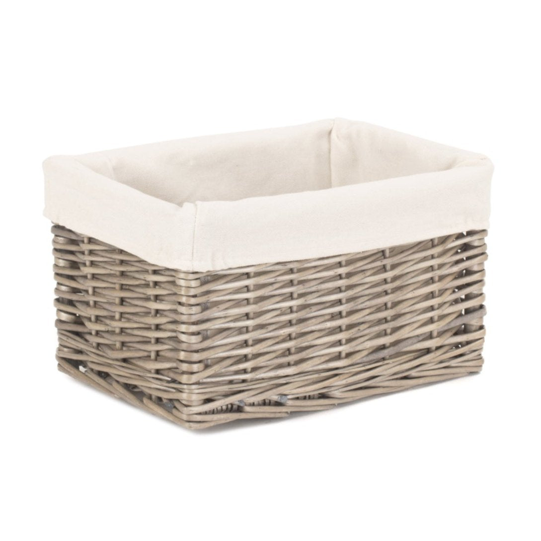 Small Antique Wash Willow Storage Basket with White Lining