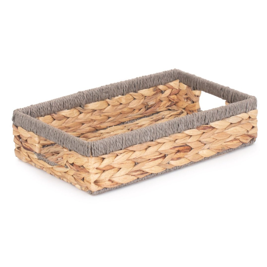 Small Shallow Rectangular Water Hyacinth Storage Tray Basket with Grey Rope Border
