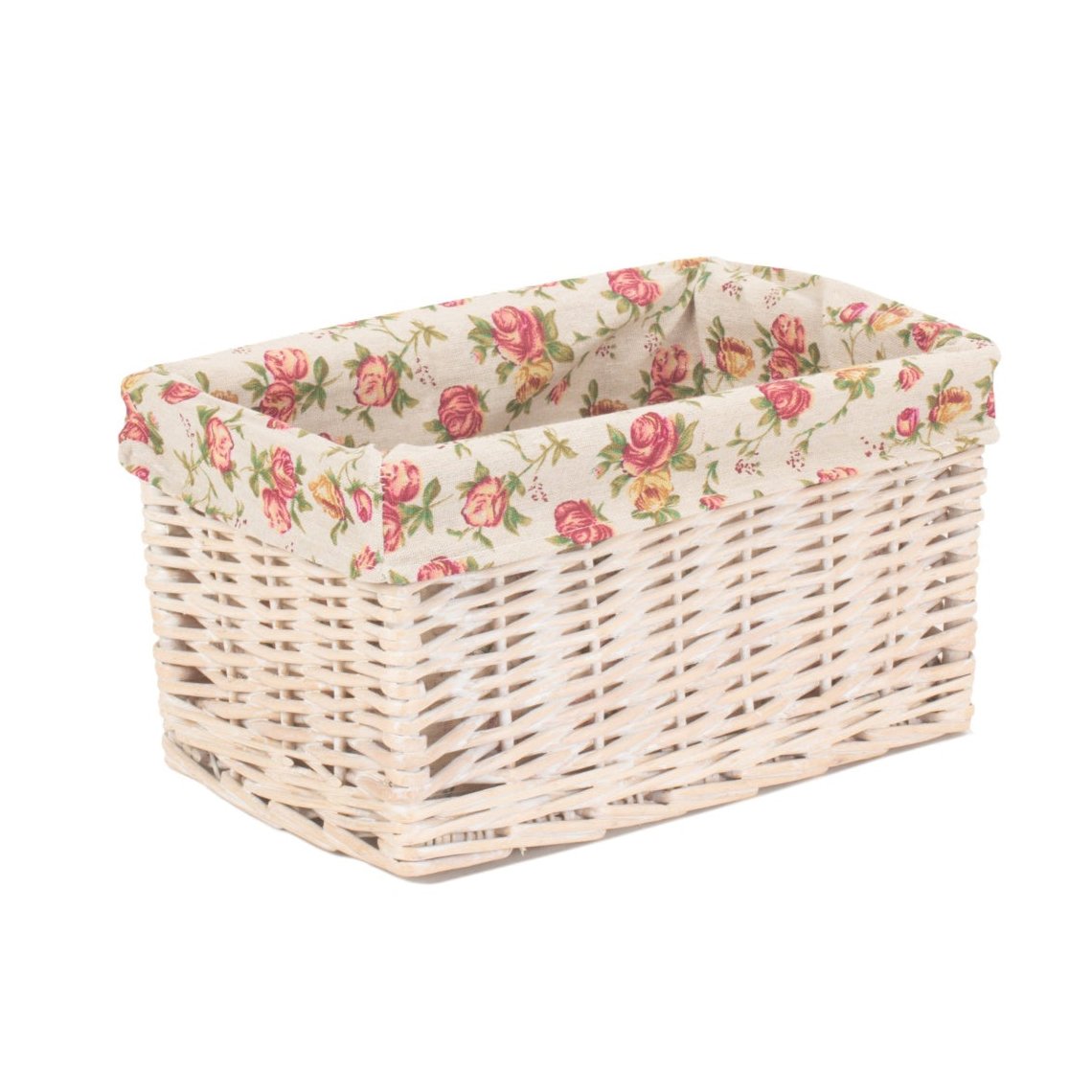Small White Wash Willow Storage Basket with Garden Rose Lining