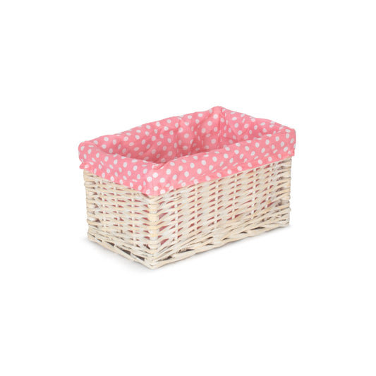 Small White Wash Willow Storage Basket with Pink Spotty Lining