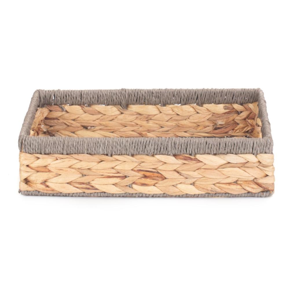 Small Shallow Rectangular Water Hyacinth Storage Tray Basket with Grey Rope Border