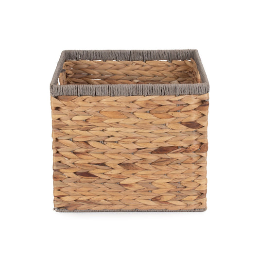 Small Square Water Hyacinth Storage Basket with Grey Rope Border