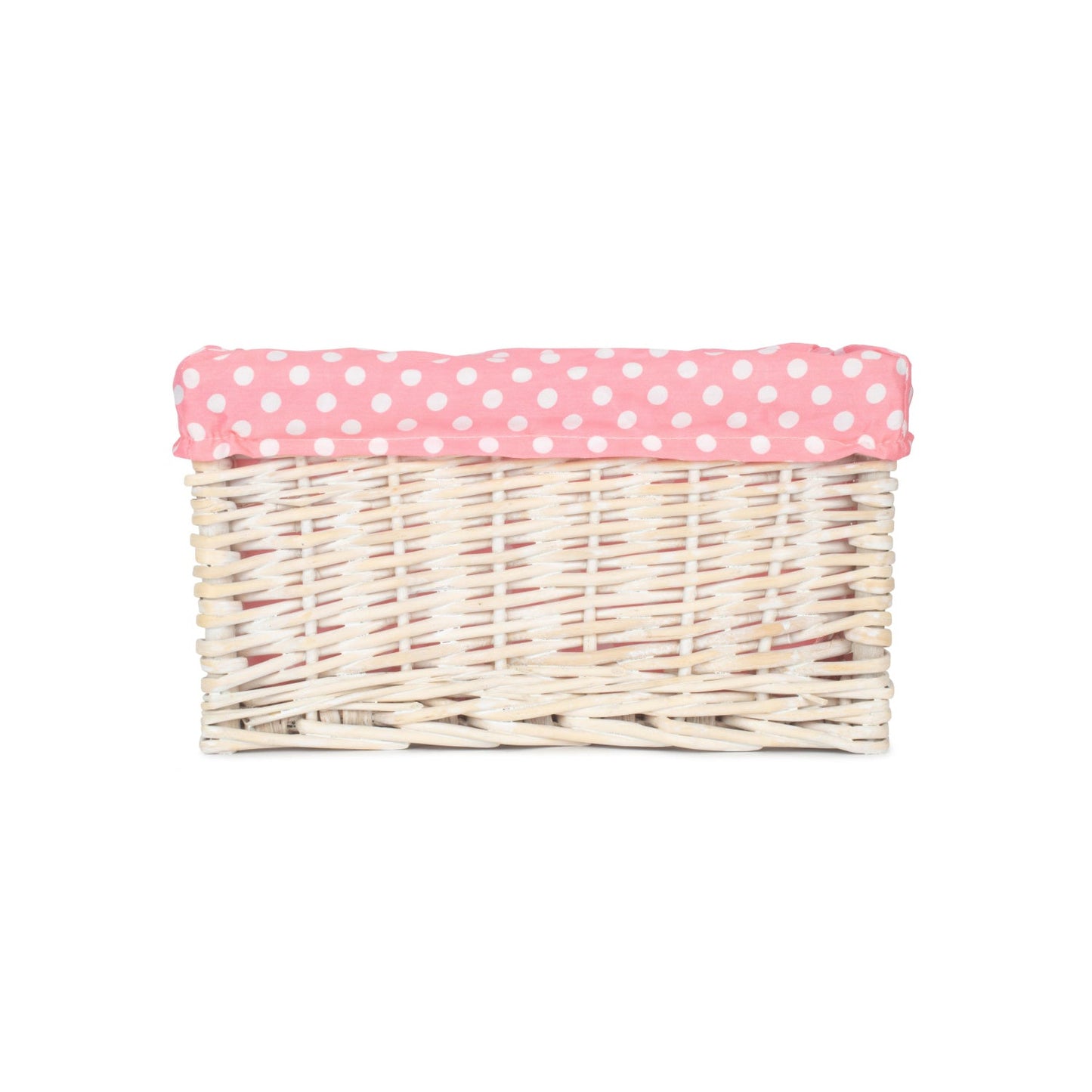 Small White Wash Willow Storage Basket with Pink Spotty Lining