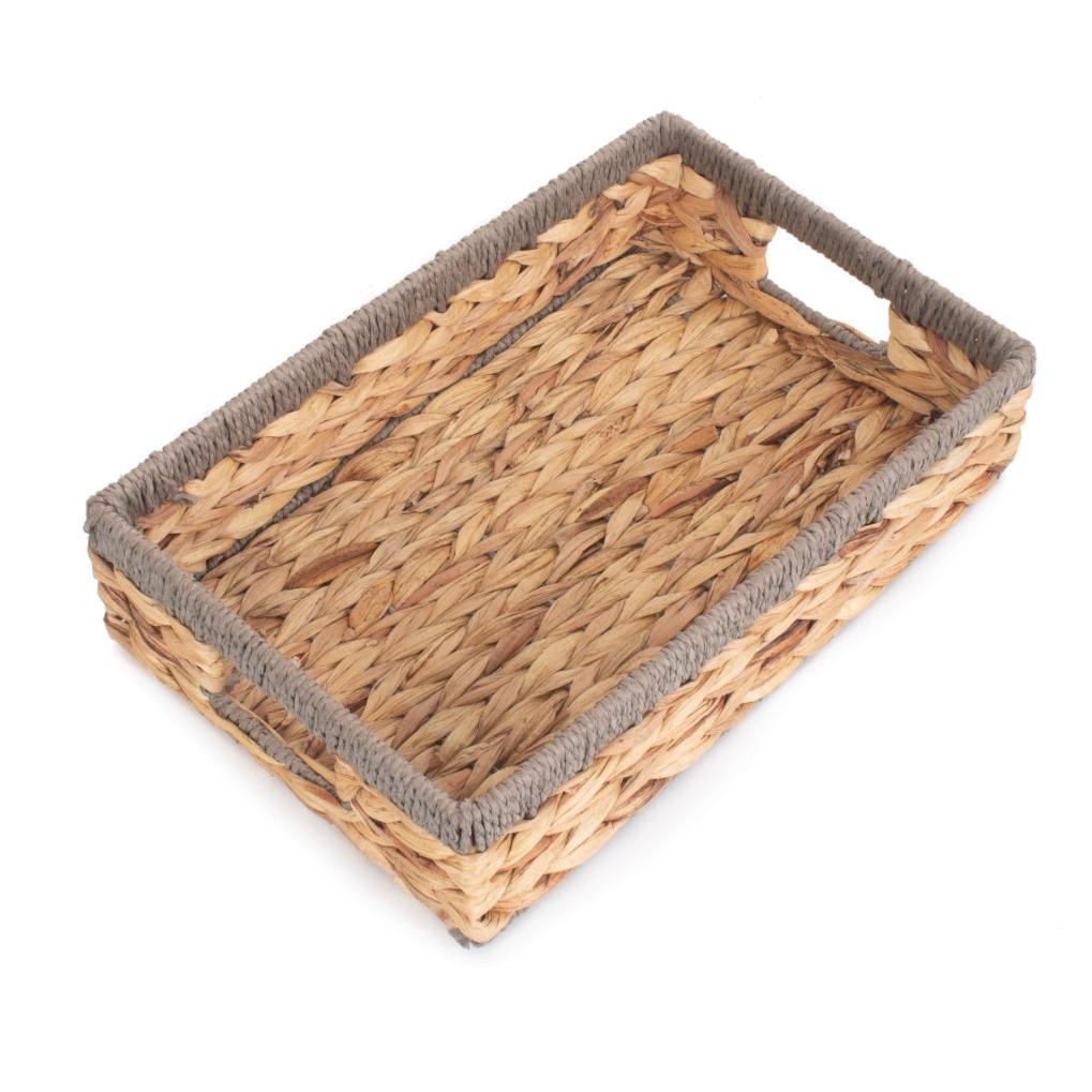 Small Shallow Rectangular Water Hyacinth Storage Tray Basket with Grey Rope Border
