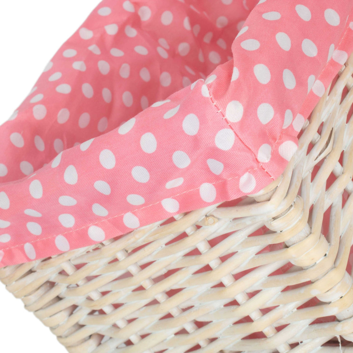Small White Wash Willow Storage Basket with Pink Spotty Lining