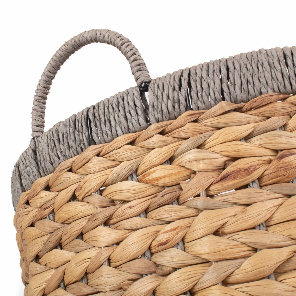 Small Round Water Hyacinth Storage Basket with Grey Rope Border