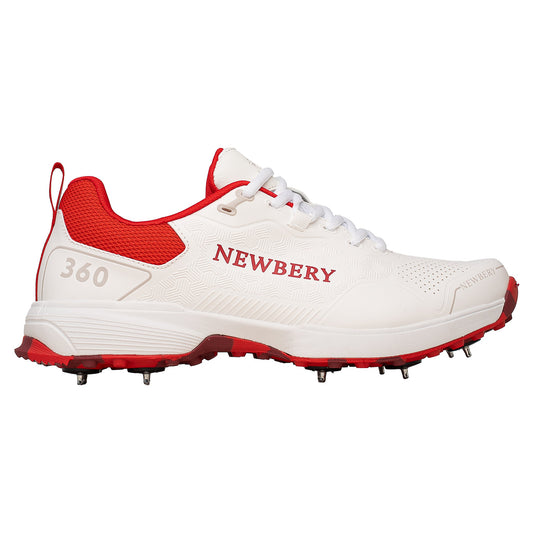 Newbery 360 Cricket Shoe - White & Red Spikes
