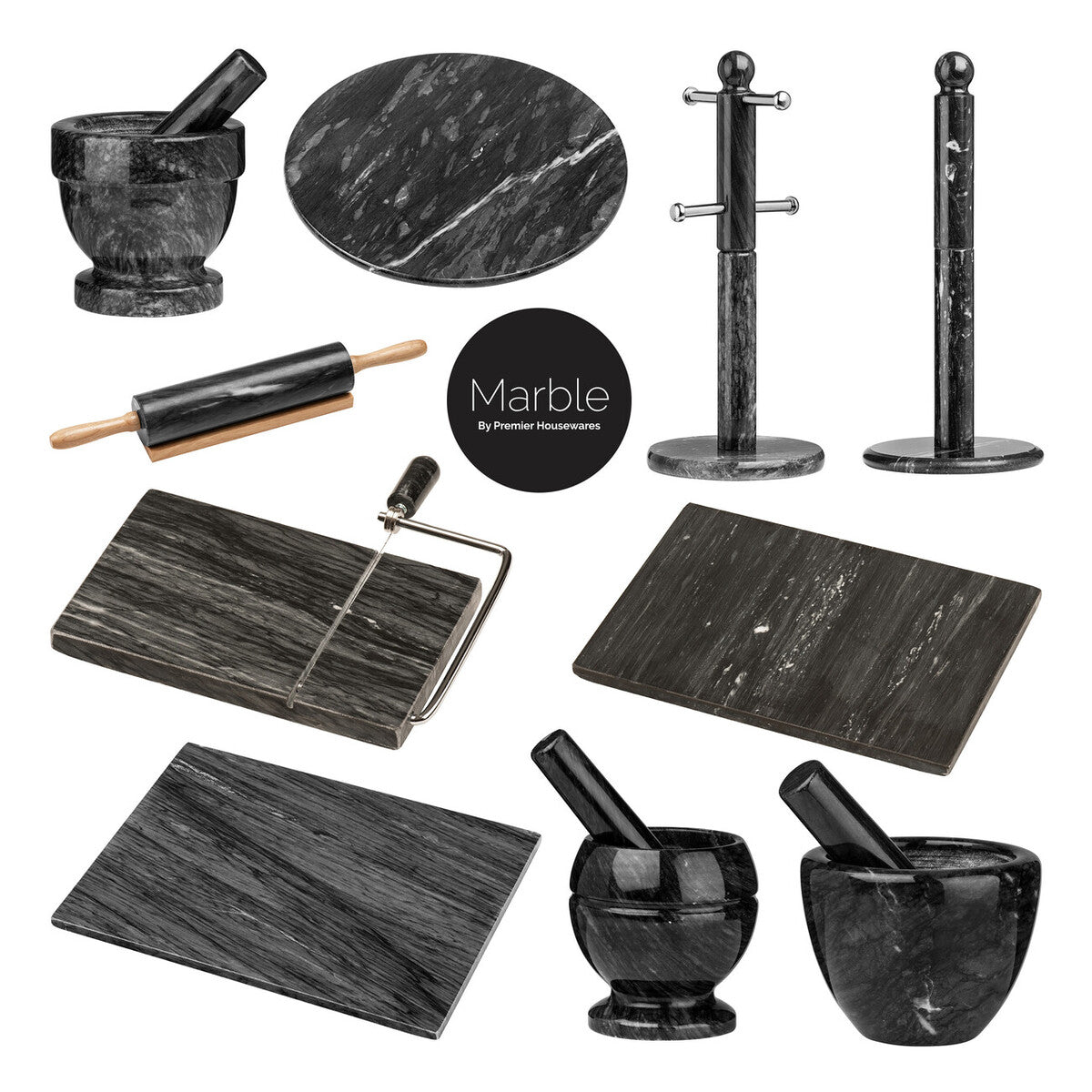Marmore Black Marble Rolling Pin With Wooden Handles