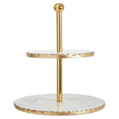 Empire 2 Tier White Marble And Gold Finish Cake Stand
