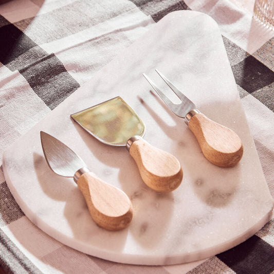 Kindia White Marble Triangular Cheese Board with 3 Knives