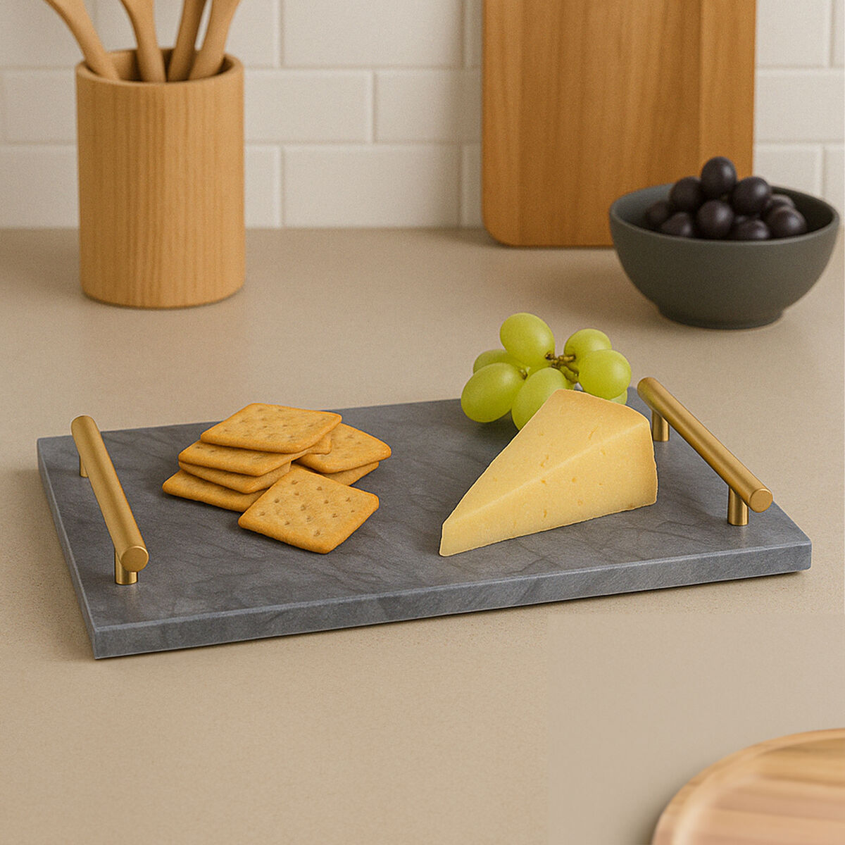 Marmore Black Marble Serving Board With Gold Handles