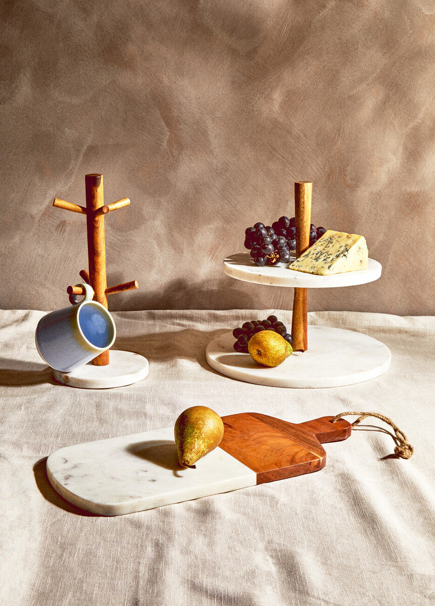 Monzaro Two Tier Marble and Acacia Wood cake stand