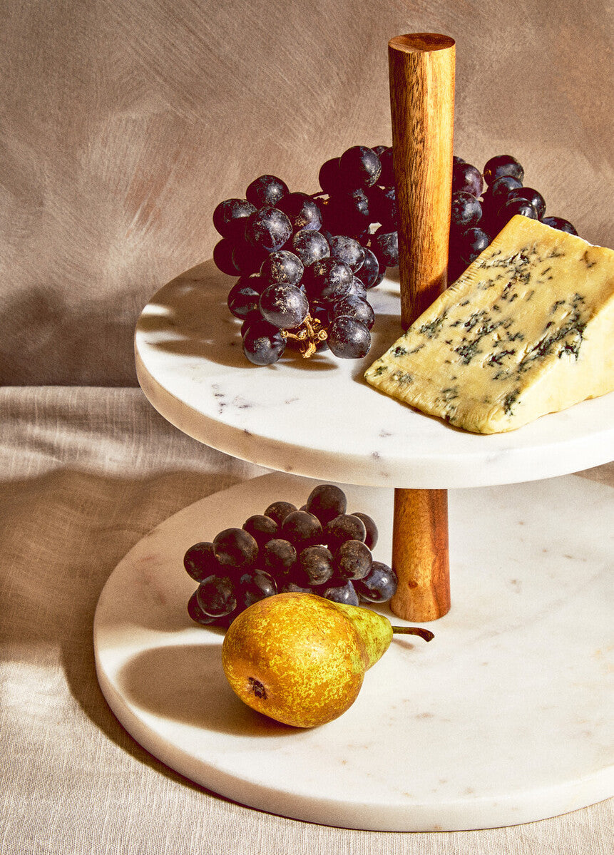 Monzaro Two Tier Marble and Acacia Wood cake stand