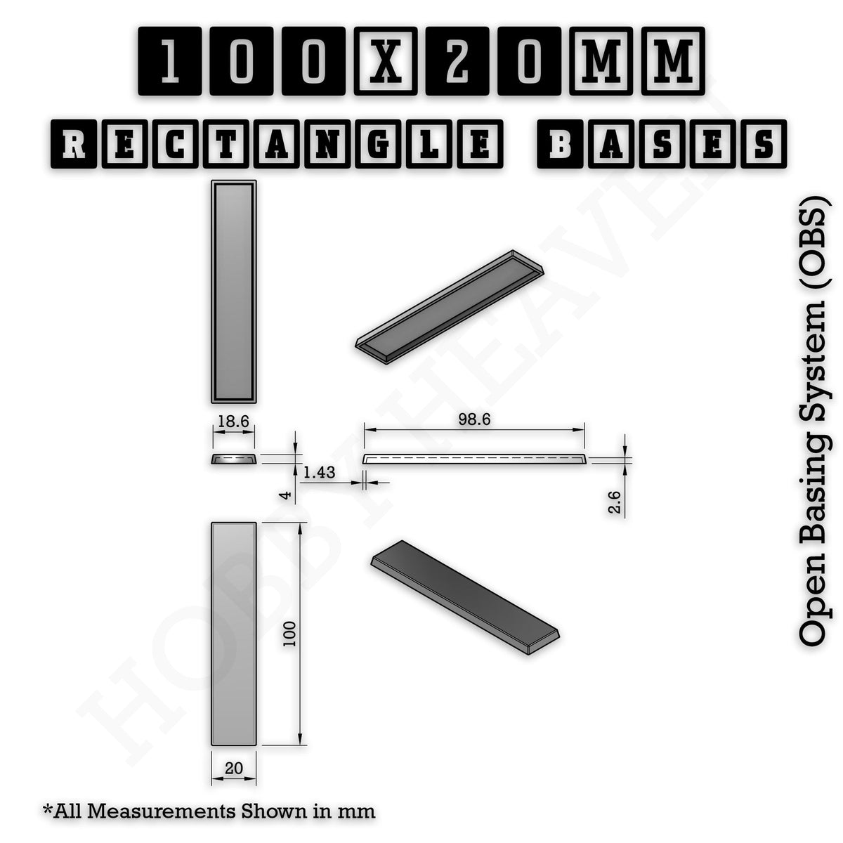 Rectangle Bases Medium Sizes - 75x30mm to 125x40mm and up to 100x90mm Wide - 3D Print Tabletop Games
