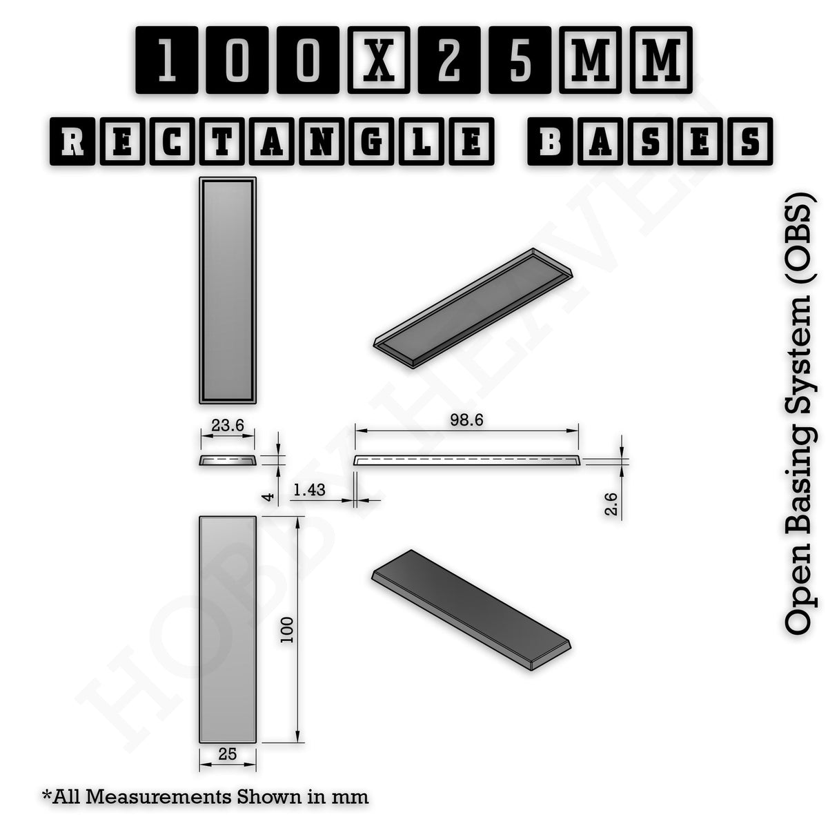 Rectangle Bases Medium Sizes - 75x30mm to 125x40mm and up to 100x90mm Wide - 3D Print Tabletop Games