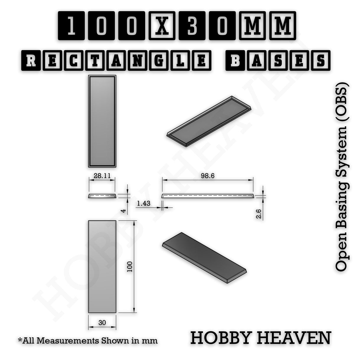 Rectangle Bases Medium Sizes - 75x30mm to 125x40mm and up to 100x90mm Wide - 3D Print Tabletop Games