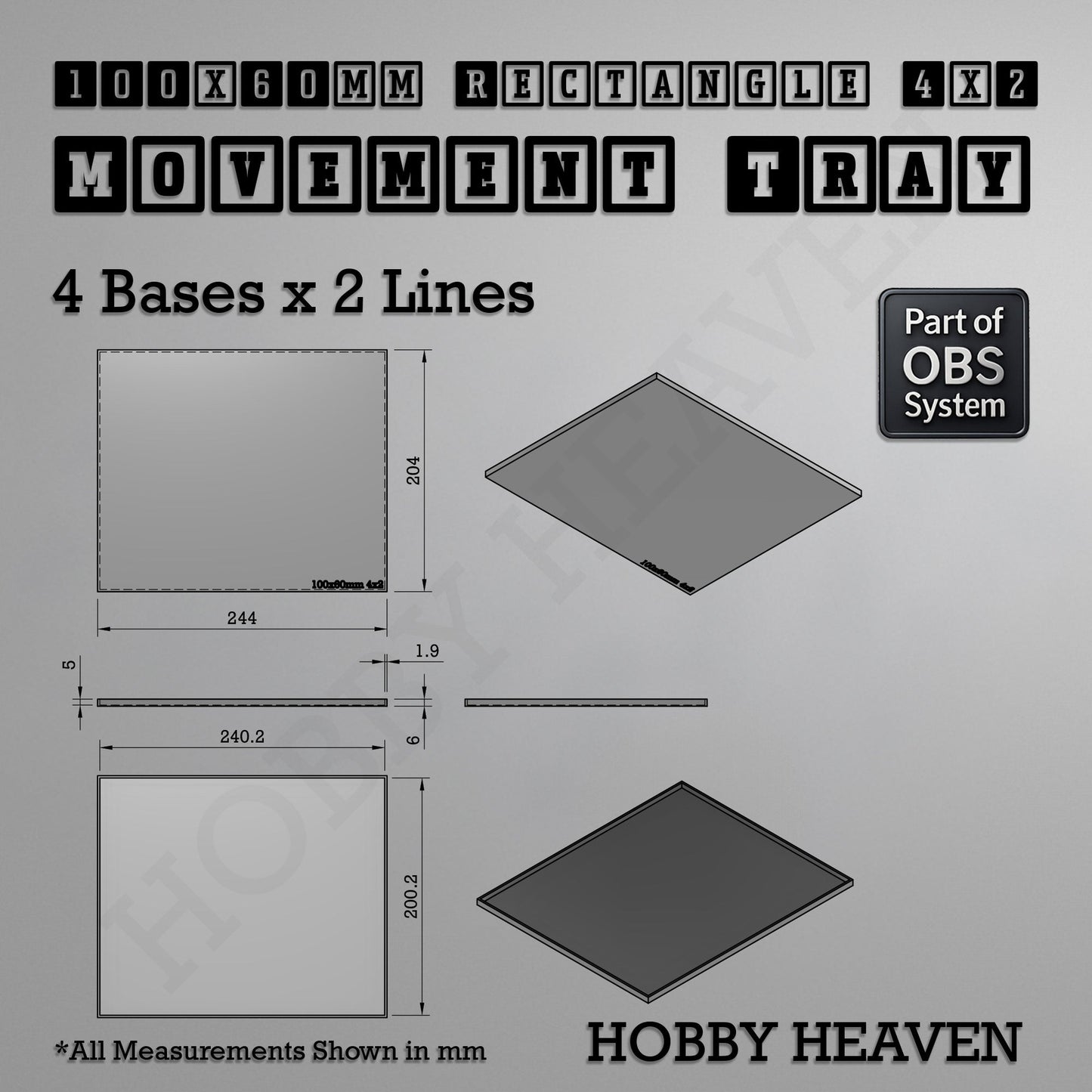 Rectangle Movement Trays | Cavalry & Monsters | 50×25-100×60mm | OBS System