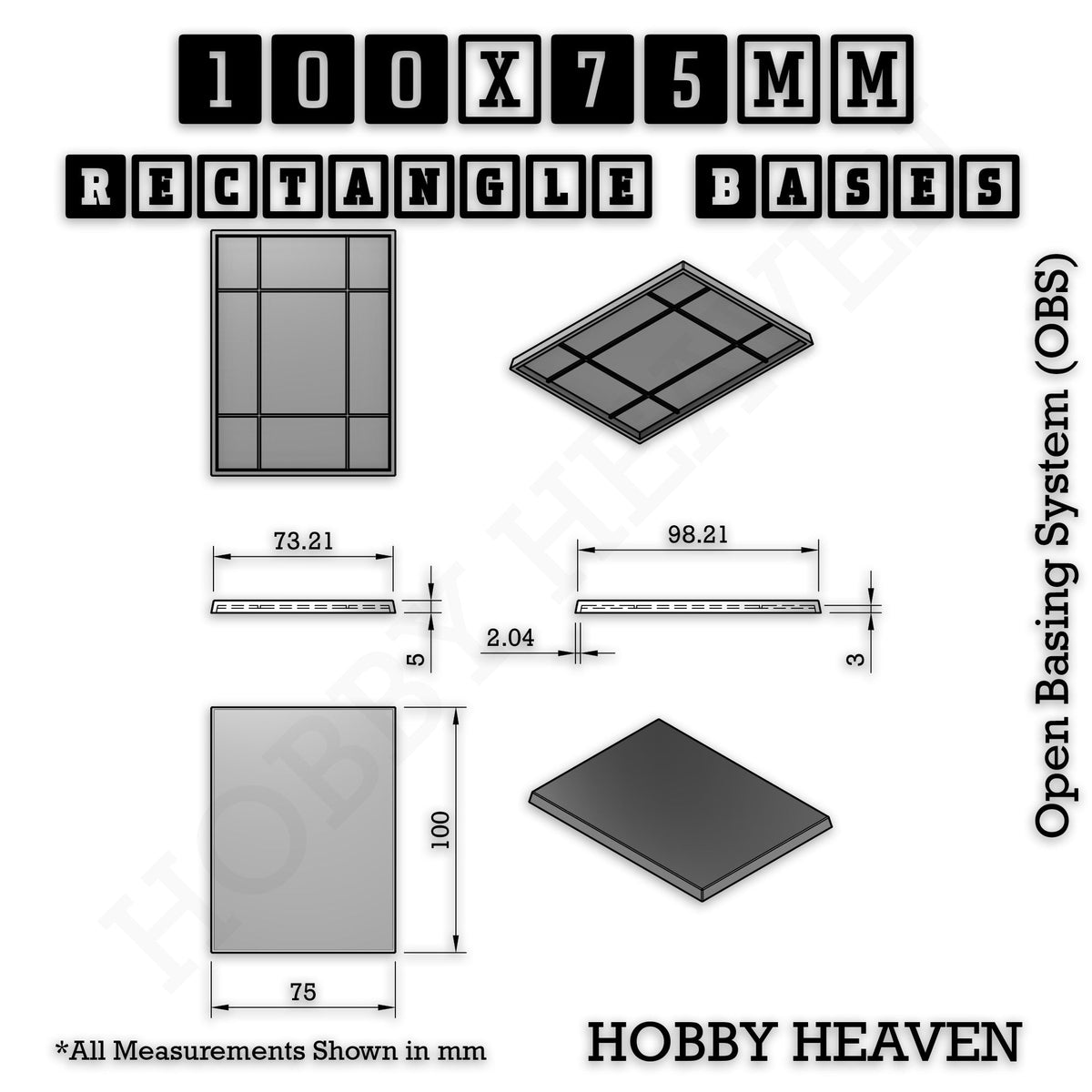 Rectangle Bases Medium Sizes - 75x30mm to 125x40mm and up to 100x90mm Wide - 3D Print Tabletop Games