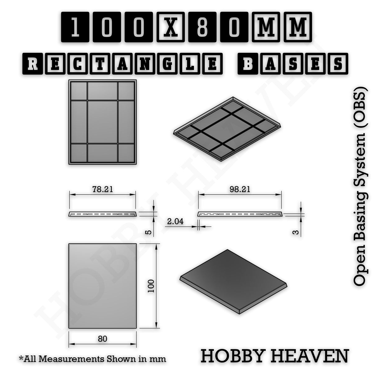 Rectangle Bases Medium Sizes - 75x30mm to 125x40mm and up to 100x90mm Wide - 3D Print Tabletop Games