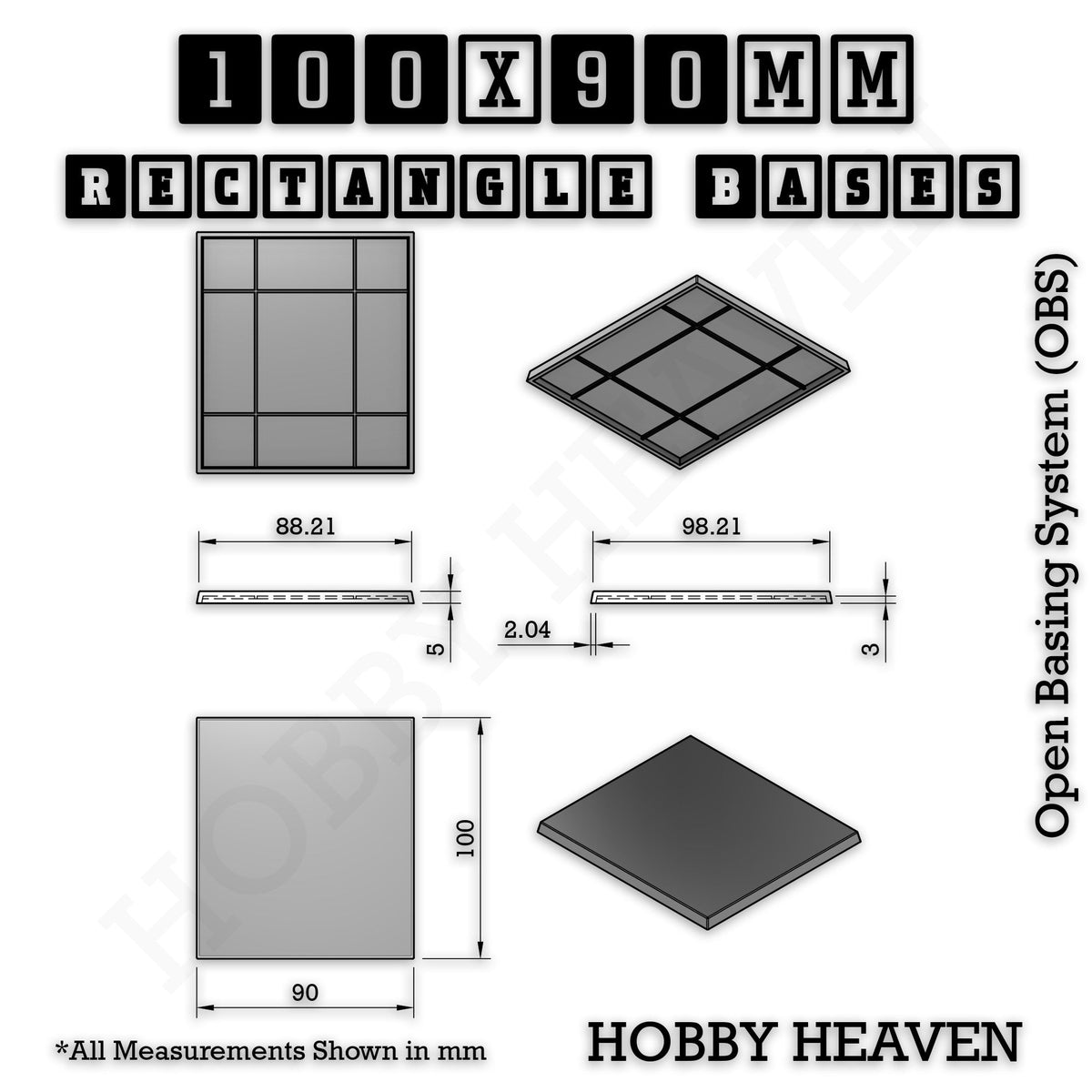 Rectangle Bases Medium Sizes - 75x30mm to 125x40mm and up to 100x90mm Wide - 3D Print Tabletop Games