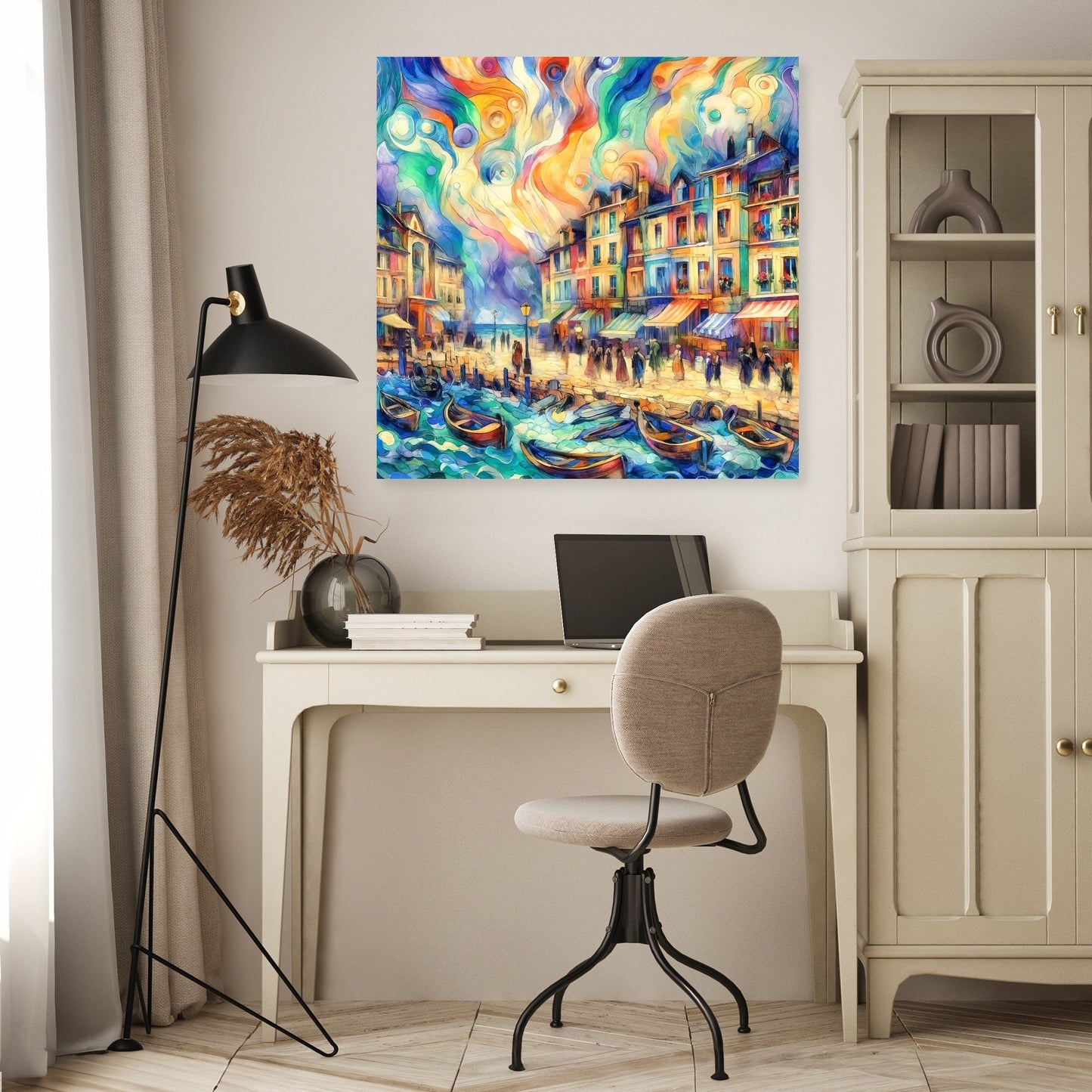 Whimsical Seaside Village Canvas