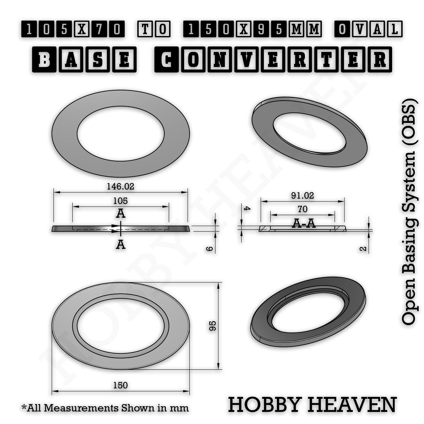 Oval to Oval Bases Size Converters 3D Print Full Range