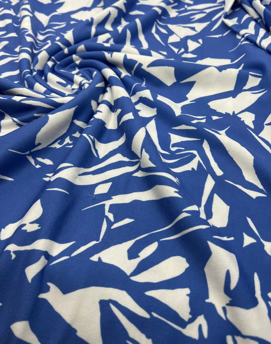 Blue White Mix Print Spun Poly Stretch Fabric