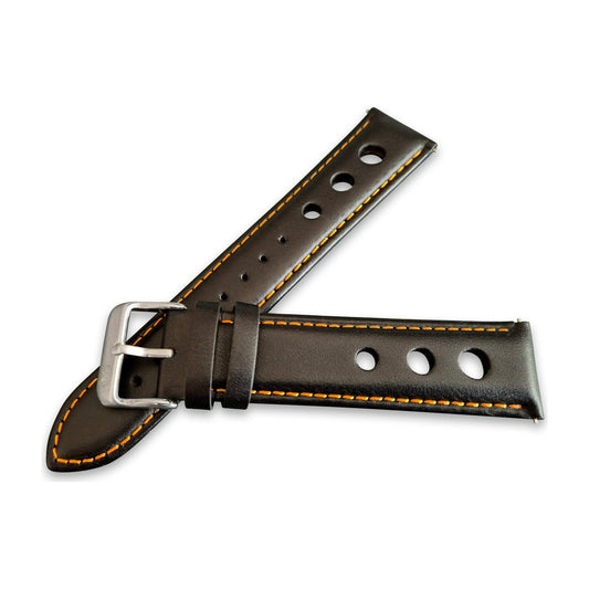 Black And Orange Leather Rally Hole Watch Strap