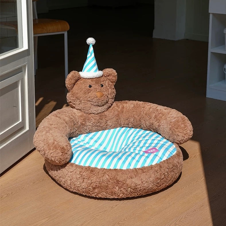 zeze Sleepy Nick Bear Pet Sofa — Plush Bear Bed with Striped Cushion
