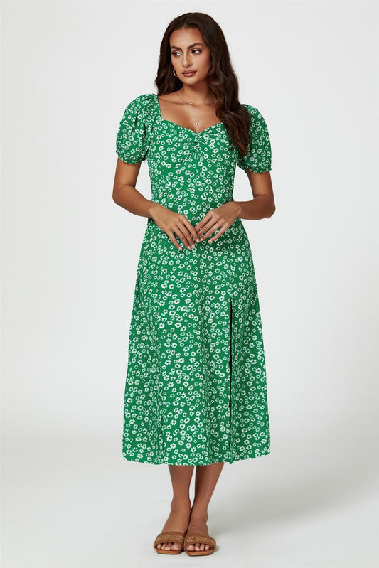 Puff Sleeve Heart Neckline Midi Dress In Green