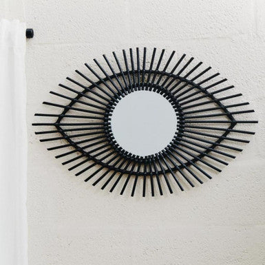 Mataram Black Natural Rattan Eye Shape Wall Mirror