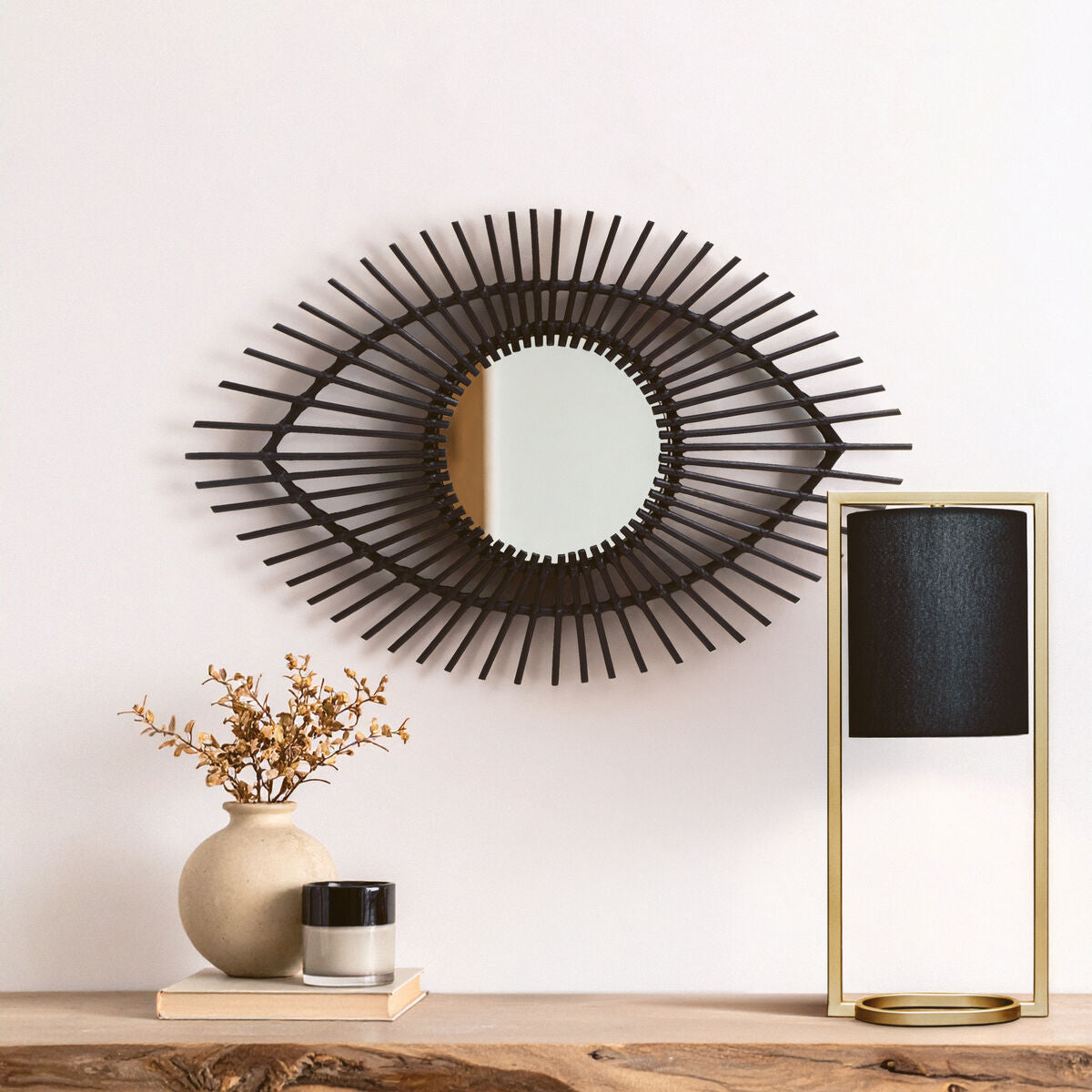 Mataram Black Natural Rattan Eye Shape Wall Mirror